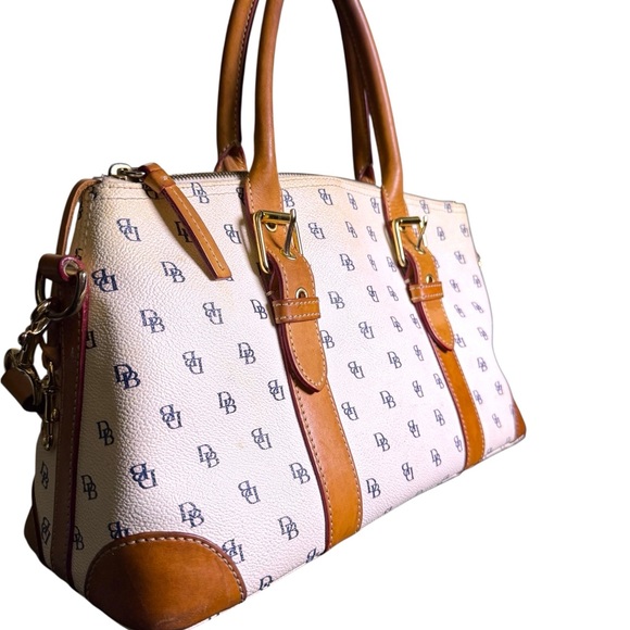 Dooney & Bourke Monogram Signature Satchel Cream Leather Top Handle Crossbody - Picture 2 of 13